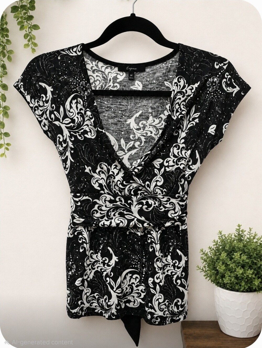 Express Black & White Floral Print Surplice Top